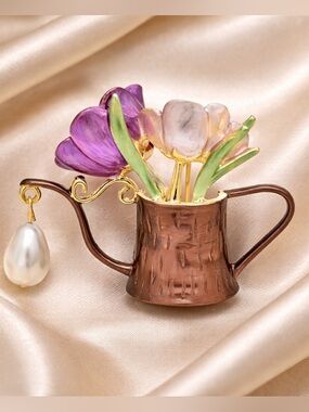 Floral Watering Can Gold Tulip Pearl Cute Chic Brooch